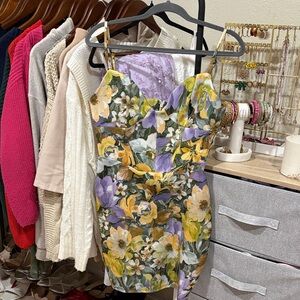ASOS Yellow & Purple Floral Sweetheart Mini Dress